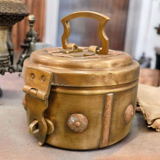 ORIGINAL ANTIQUE: AT/085 - Very Rare Beautifully Engraved Pure Brass Storage | Multipurpose Box With Lock System | KITCHENWARE | UTENSILS | HOME APPLIANCES