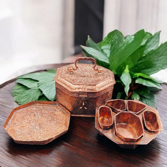 ORIGINAL ANTIQUE: AT/073C - Very Rare 100% Pure Copper Hexagon Shape Beautifully Engraved Vintage Paan daan - Beetle Nut Supari Box - Complete Set | KITCHENWARE | UTENSILS | HOME APPLIANCES