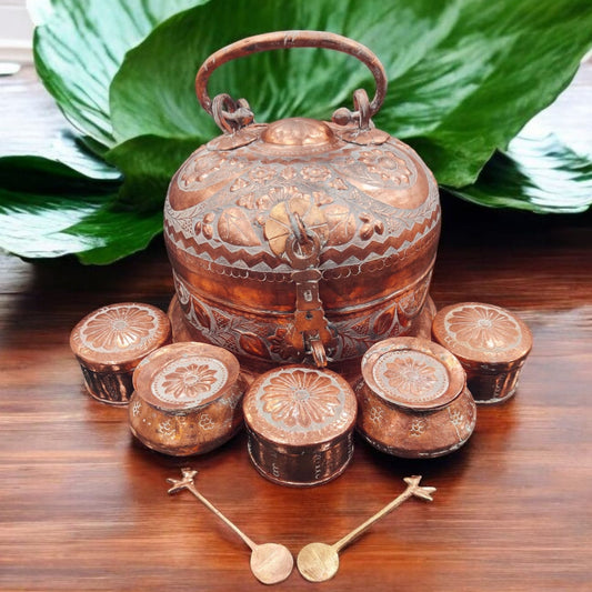 ORIGINAL ANTIQUE: AT/147 - Very Rare 100% Pure Copper + Kalai (Tin Coating) Beautifully Engraved Round Shape Vintage Paan daan - Betel Nut Supari Box - Complete Set | KITCHENWARE | UTENSILS | HOME APPLIANCES