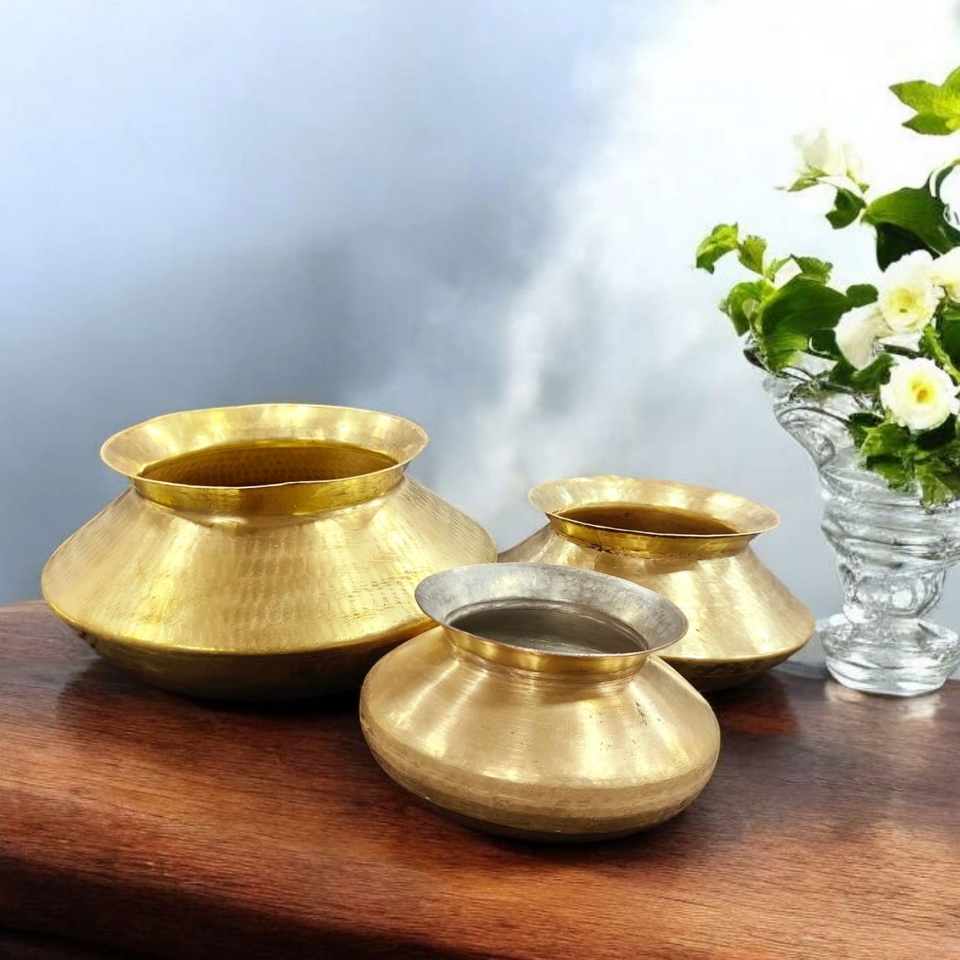 ORIGINAL ANTIQUE: AT/113 - Set of 3 - 100% Pure Brass Beautifully Hammered Vintage Water Pots | KITCHENWARE | UTENSILS | HOME APPLIANCES