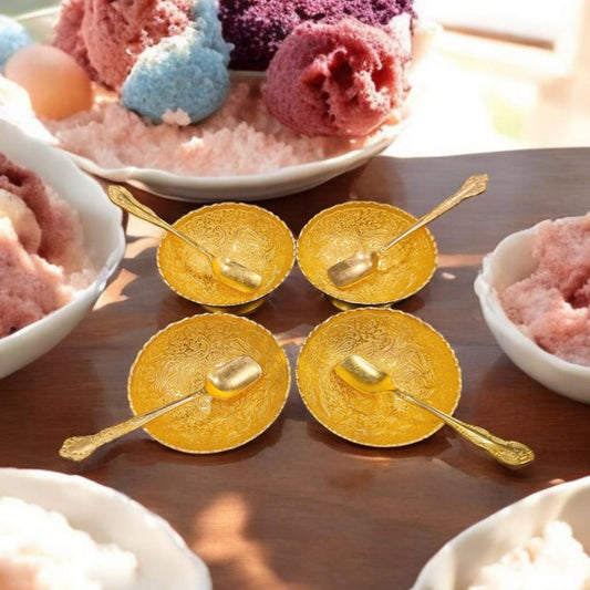 ORIGINAL ANTIQUE: AT/179 - Set Of 4 - 100% Pure Brass Very Beautifully Engraved Peacock Floral Print Ice Cream Bowls With Spoons | KITCHENWARE | UTENSILS | HOME APPLIANCES