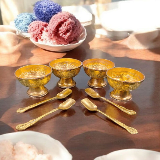 ORIGINAL ANTIQUE: AT/180 - Set Of 4 - 100% Pure Brass Very Beautifully Engraved Ice Cream Bowls With Spoons | KITCHENWARE | UTENSILS | HOME APPLIANCES