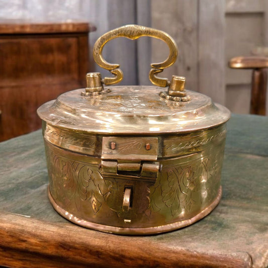 ORIGINAL ANTIQUE: AT/191 - 100% Pure Brass Rare Vintage Beautifully Engraved Floral Print Handmade Storage Box with Lock System | KITCHENWARE | UTENSILS | HOME APPLIANCES