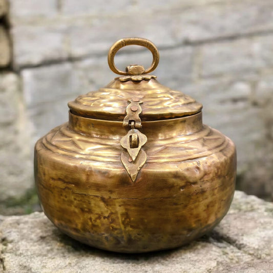 ORIGINAL ANTIQUE: AT/195 - Vintage Rare Pure Brass Beautifully Hammered Unique Shape Grain | Rice | Chapati | Multi Purpose Pot | Storage Box with Lock System | KITCHENWARE | UTENSILS | HOME APPLIANCES