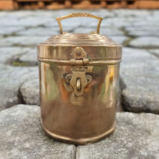 ORIGINAL ANTIQUE: AT/197 - 100% Pure Brass Cylindrical Shape Vintage Lockable Box With Handle | KITCHENWARE | UTENSILS | HOME APPLIANCES
