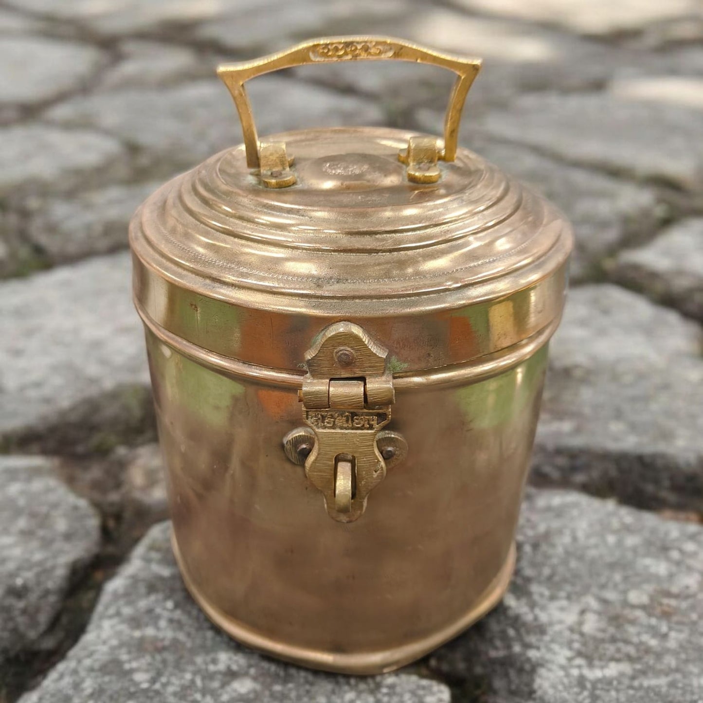 ORIGINAL ANTIQUE: AT/197 - 100% Pure Brass Cylindrical Shape Vintage Lockable Box With Handle | KITCHENWARE | UTENSILS | HOME APPLIANCES