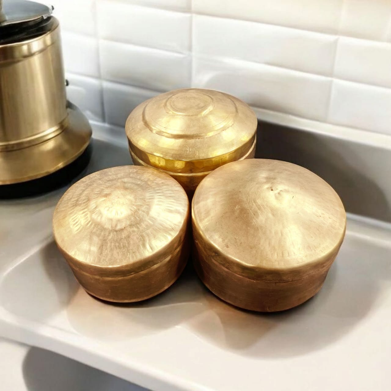 ORIGINAL ANTIQUE: AT/180 - Set of 3 - 100% Pure Brass Round Shape Rare Vintage Storage Boxes | KITCHENWARE | UTENSILS | HOME APPLIANCES