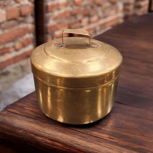 ORIGINAL ANTIQUE: AT/183 - 100% Pure Brass Round Shape Rare Vintage Storage Box with Handle on Lid | KITCHENWARE | UTENSILS | HOME APPLIANCES
