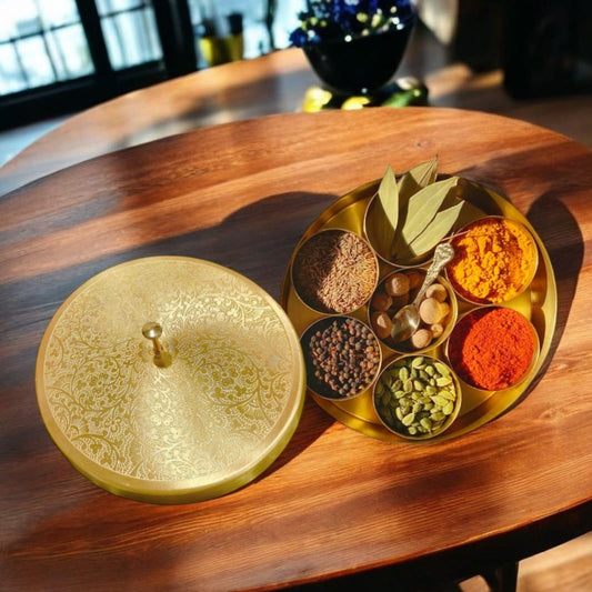 BRAND NEW: NW/042 - 100% Pure Brass Beautifully Engraved Perfect Round Shape Spice Box | Masala Dani with 1 Spoon And 7 Containers | KITCHENWARE | UTENSILS | HOME APPLIANCES