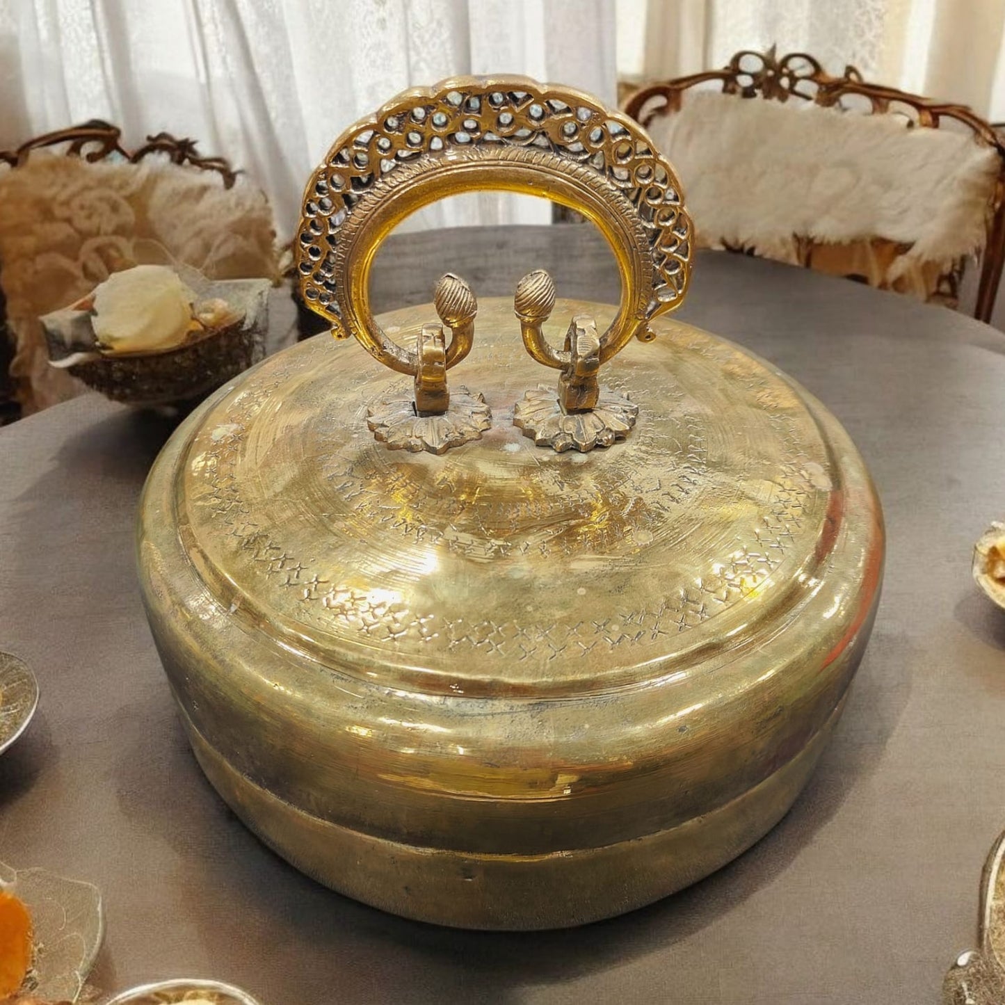 ORIGINAL ANTIQUE: AT/205 - Original Antique Very Rare Beautifully Engraved Pure Brass Roti Dabba | Chapati Box with Unique Pierced Handle | KITCHENWARE | UTENSILS | HOME APPLIANCES