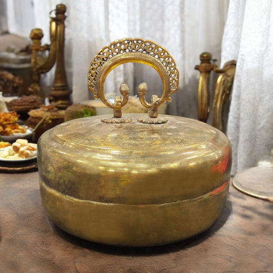 ORIGINAL ANTIQUE: AT/205 - Original Antique Very Rare Beautifully Engraved Pure Brass Roti Dabba | Chapati Box with Unique Pierced Handle | KITCHENWARE | UTENSILS | HOME APPLIANCES