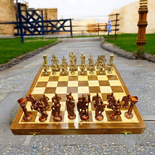 BRAND NEW: NW/043 - Chess Set with Pure Brass Sculpted Pieces In Ancient Roman Style & Wooden Folding Board | KITCHENWARE | UTENSILS | HOME APPLIANCES