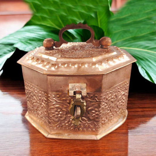ORIGINAL ANTIQUE: AT/073B - Very Rare 100% Pure Copper Hexagon Shape Beautifully Engraved Vintage Paan daan - Beetle Nut Supari Box - Complete Set | KITCHENWARE | UTENSILS | HOME APPLIANCES