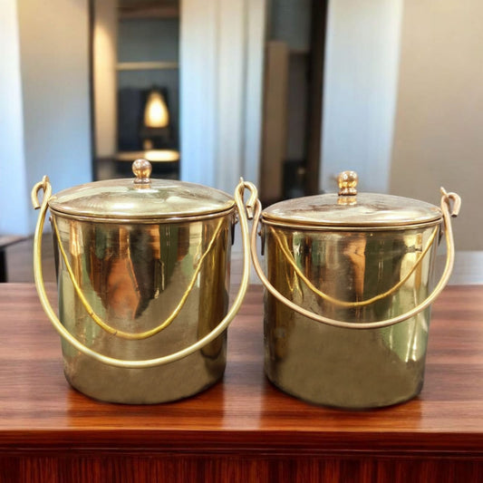 ORIGINAL ANTIQUE: AT/208 - Set of 2 - Vintage Pure Brass Bucket | Balti with Swing Handle & Lid | KITCHENWARE | UTENSILS | HOME APPLIANCES