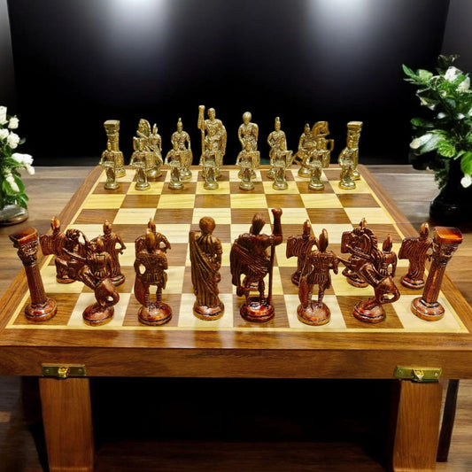 BRAND NEW: NW/045 - Chess Set with Pure Brass Sculpted Pieces In Ancient Roman Style & Wooden Folding Board | KITCHENWARE | UTENSILS | HOME APPLIANCES