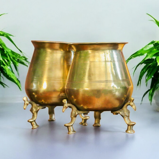 AT/038 - SET OF 2 Rare Antique Pure Brass Vintage Lota on Legs