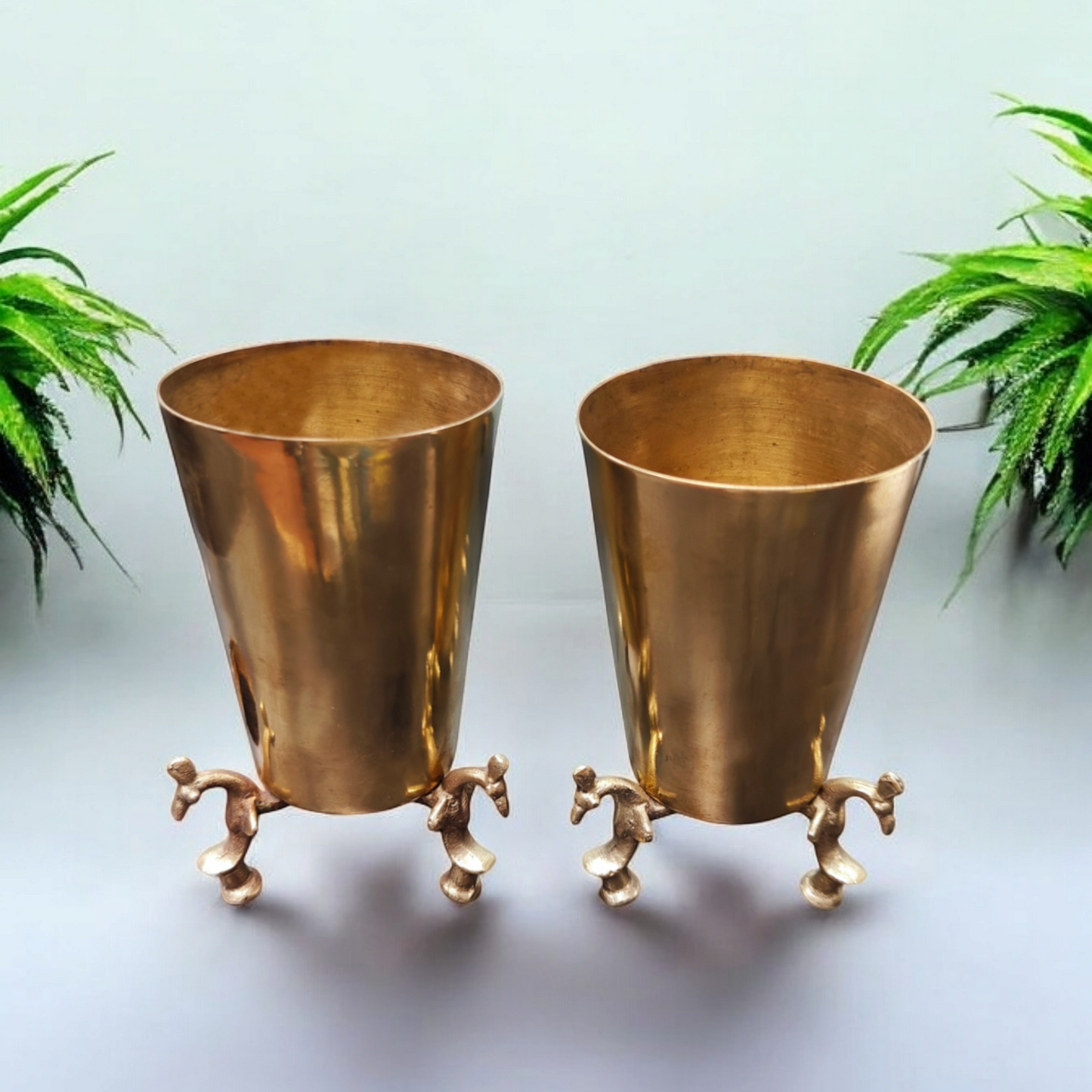 AT/039 - Set of 2 Rare Antique Very Beautiful Pure Brass Vintage Glass on Legs