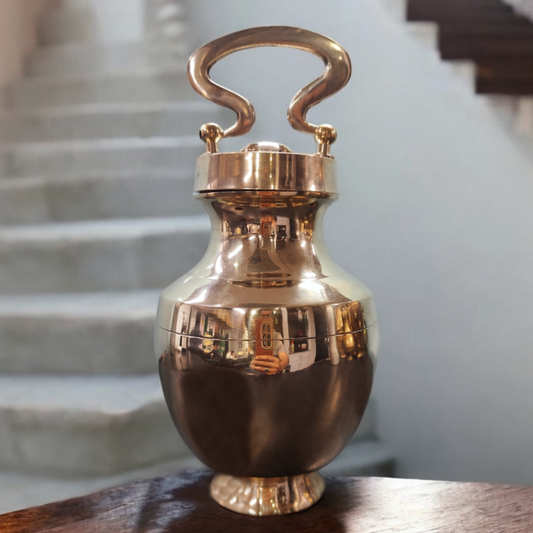 AT/145 - Rare Pure Brass Very Beautiful Oval Shape Antique Look Gangajal Lota with Glass inside in a Glossy finish traditionally known as "KAMANDAL"